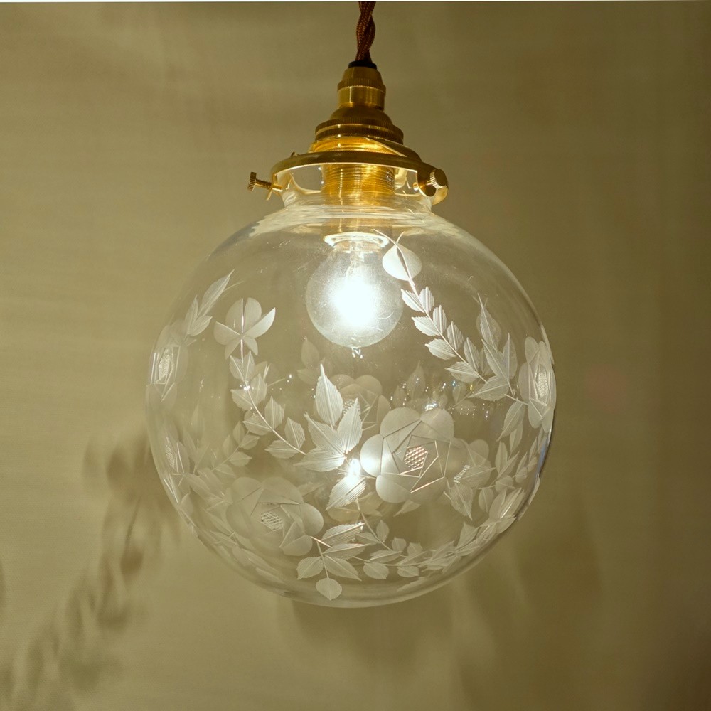 切子ガラスシェードペンダントライト138　バラ柄 真鍮器具