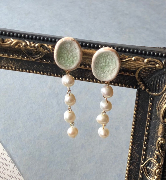春季新色[Shigaraki ware]散發珍珠-橢圓形-陶瓷耳環（耳環） 第2張的照片