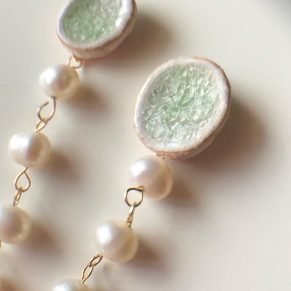 春季新色[Shigaraki ware]散發珍珠-橢圓形-陶瓷耳環（耳環） 第3張的照片