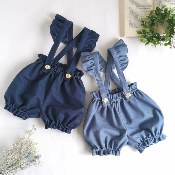 デニムかぼちゃパンツ フリルサスペンダー 子供服 B-boutique by