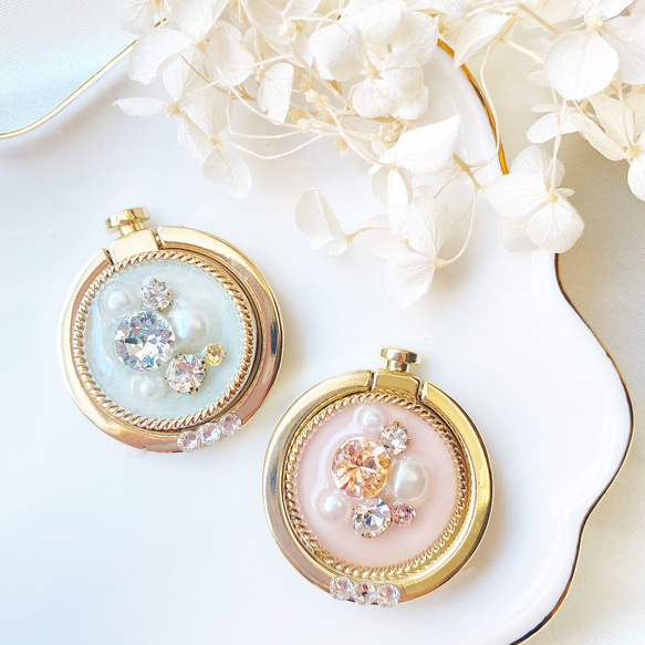 大粒スワロフスキー　ビジュー　スマホリング❀ライトブルー　ピーチ 1枚目の画像