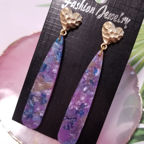No.2❤︎ 雫 プレート 紫 ハート デザポス ハンドメイドピアス ピアス 