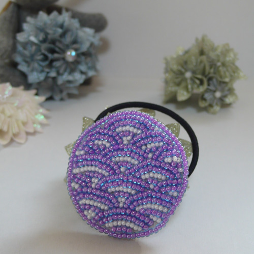 紫×白 波模様ビーズ刺繍ヘアアクセサリー[21012] ヘアゴム