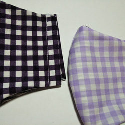 紫チェックの立体布マスク２枚セット 1枚目の画像