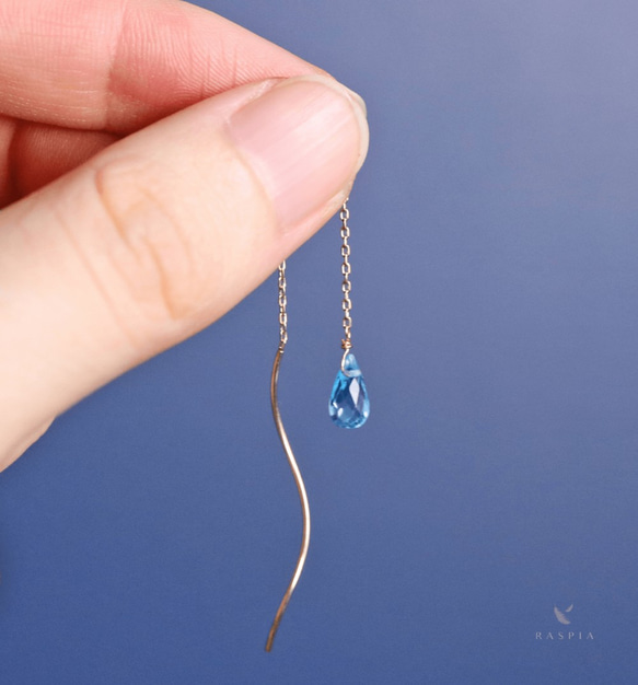 十一月生日石 K10 單顆瑞士藍色托帕石（Briolette 切割）美國耳環 ~MONTBRETIA~ 第3張的照片