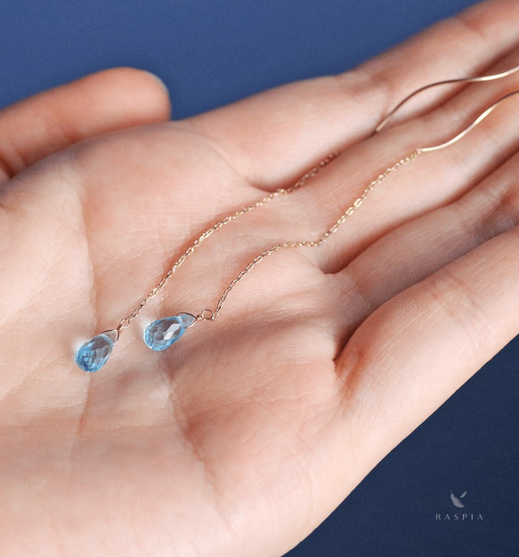 十一月生日石 K10 單顆瑞士藍色托帕石（Briolette 切割）美國耳環 ~MONTBRETIA~ 第5張的照片