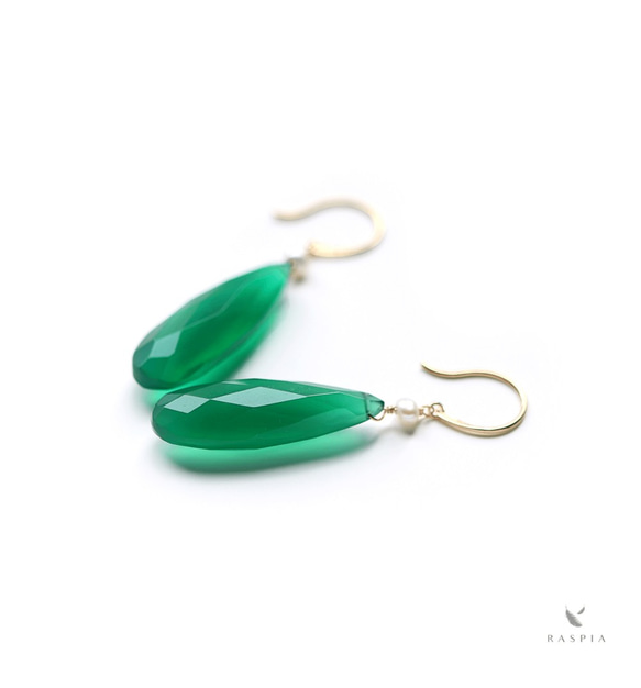 K18 Fresh green綠瑪瑙（長對形）珍珠鉤耳環~ESPOIR NOBLE~ 第1張的照片