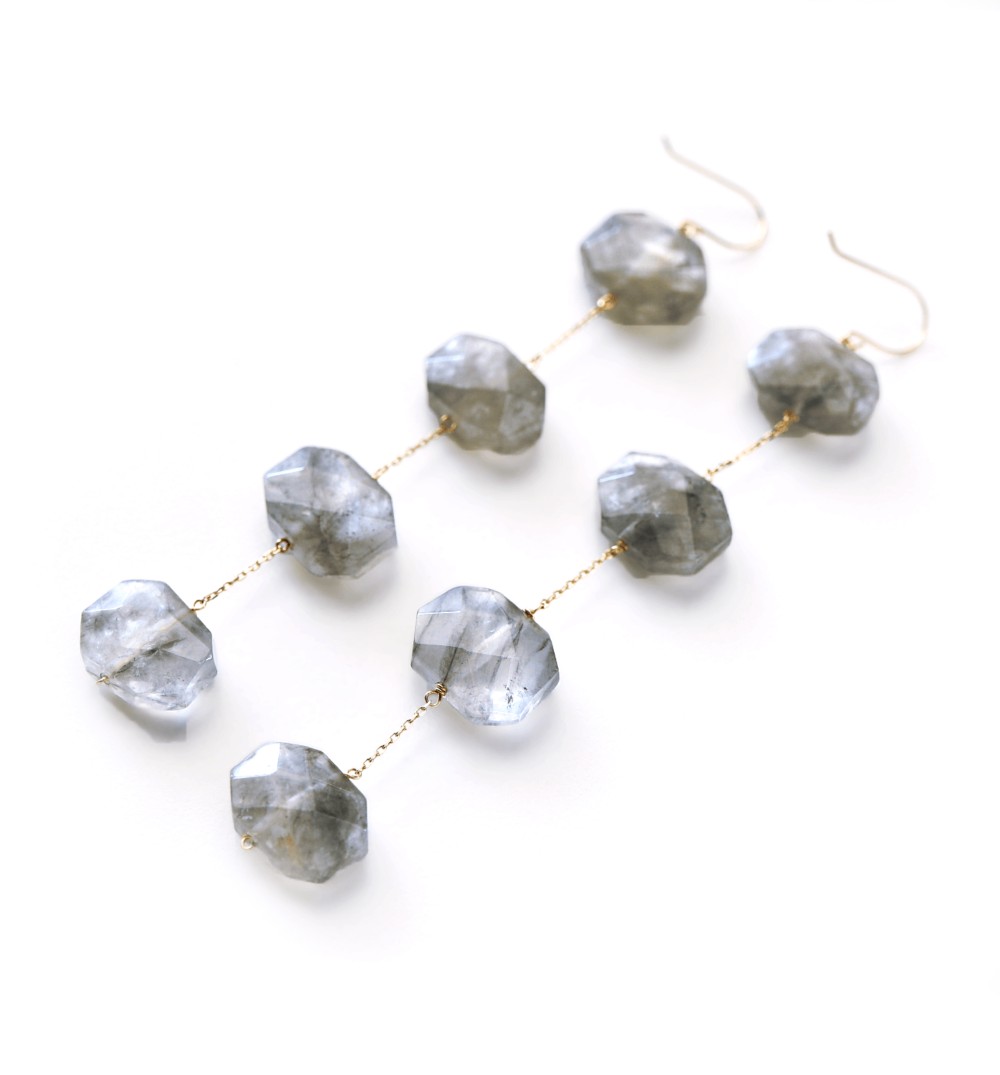 K10 大粒グレークォーツ（フラットタンブル）のロングフックピアス~ESPOIR~