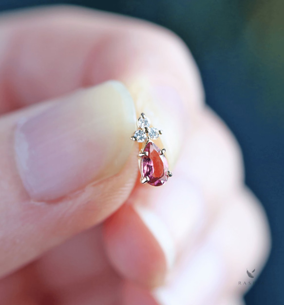 K18 粉色碧璽和鑽石柱式耳環 ~Ello Lilas~ 十月生日石 第3張的照片