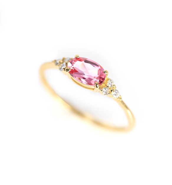 Ayana 尖晶石（粉紅色尖晶石）和鑽石 K18 戒指橢圓形切割 ~Ello Ulmia~ 八月生日石 第1張的照片