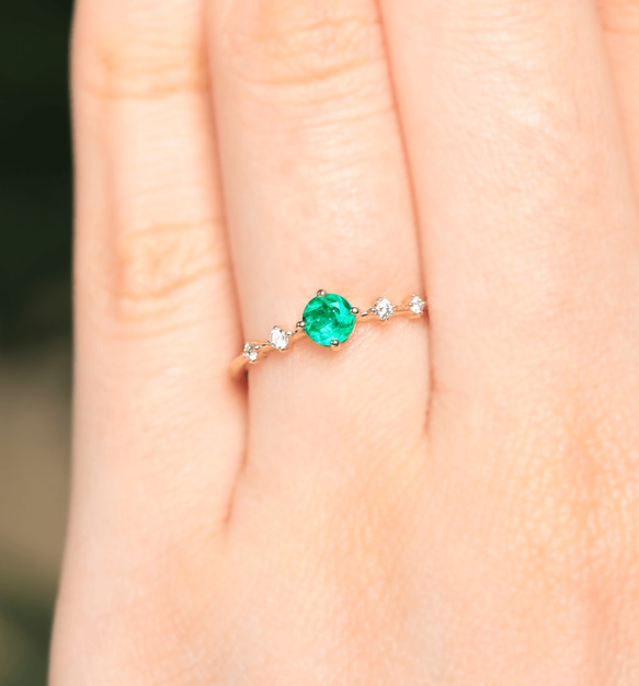 祖母綠 &amp; 鑽石 K18 戒指圓形切割 ~Ello Lily~ 五月生日石 第2張的照片
