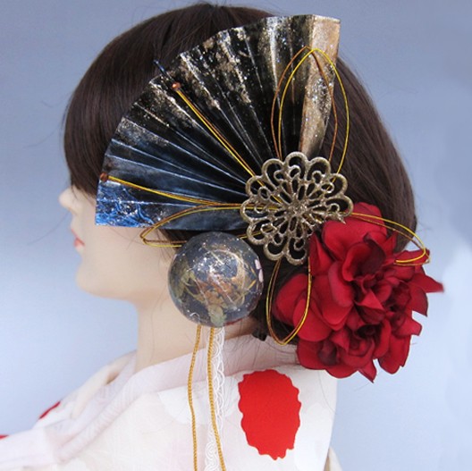【送料無料】成人式　結婚式　髪飾り　赤　和モダン　大正ロマン　漆黒の光輝き　粋なはいから扇飾り(朧月夜) 【色変更可能】