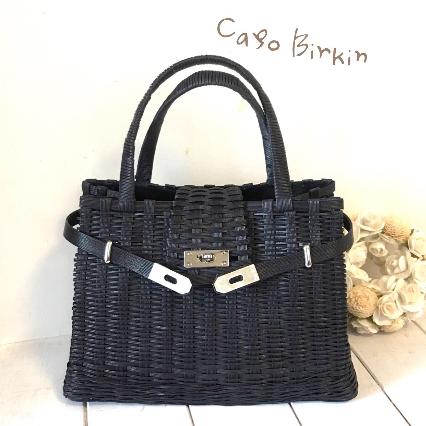 かごバッグ(M)黒xシルバー金具