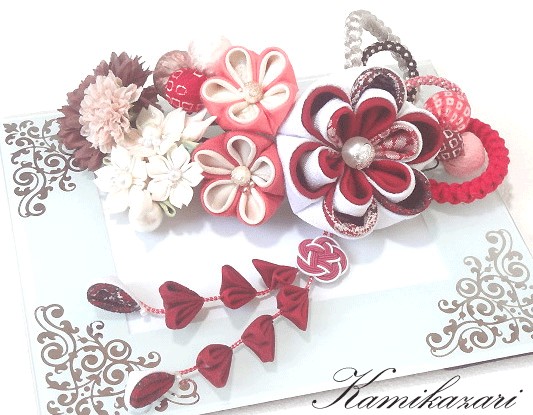 ⚜ 正絹髪飾り 桜とプルメリア つまみ細工 / 箱付【ボルドーxブラウンx赤x珊瑚色】