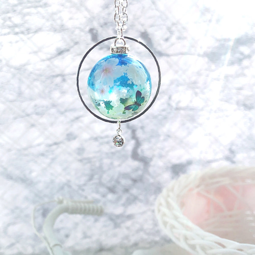 M222レジン　ネックレス　ピンクフラワー桜アレンジ球体2.9cm 1_b03b4435ac25333cf5a1cf54111c