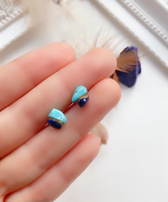 空と海 天然石 現代金継ぎボディピアス ラピスラズリ ターコイズ 軟骨ピアス 片耳 14G 16G 18G 2枚目の画像