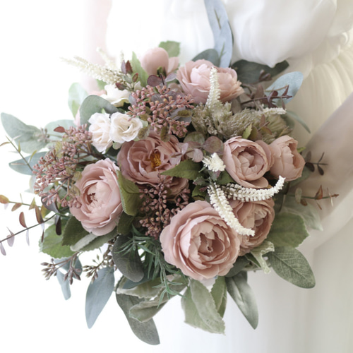 アンティークピンクローズブーケ＆ブートニア ブーケスタンドお付けし