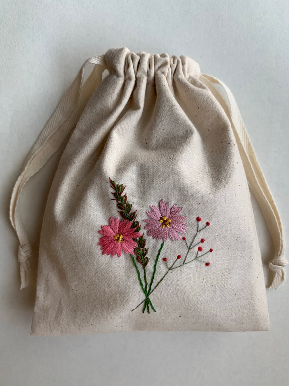 no.47 花刺繍巾着 秋の花束 巾着袋 zako_embroidery 通販 7796242