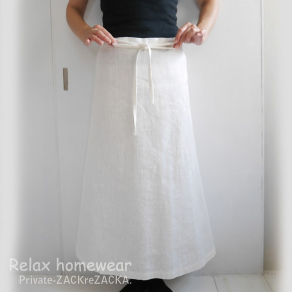 リトアニアリネン100％・履き込むほど柔らかくくったり可愛い・巻きスカートオフホワイト 1枚目の画像