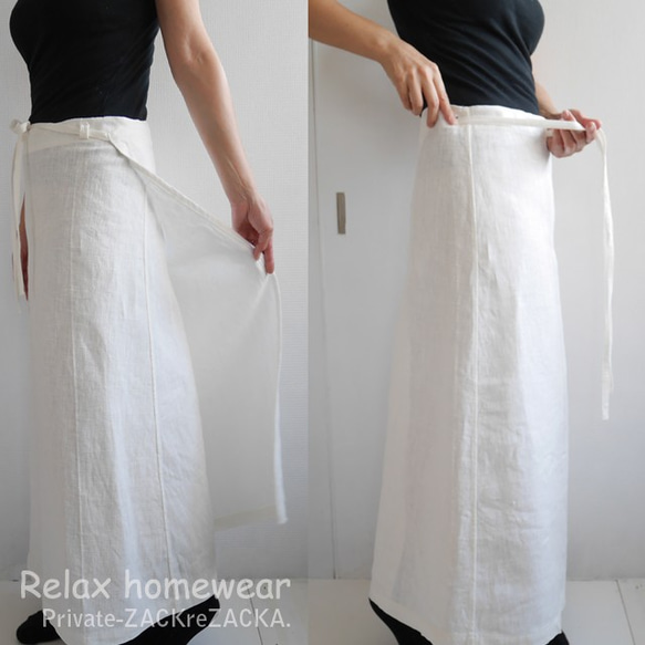 リトアニアリネン100％・履き込むほど柔らかくくったり可愛い・巻きスカートオフホワイト 4枚目の画像