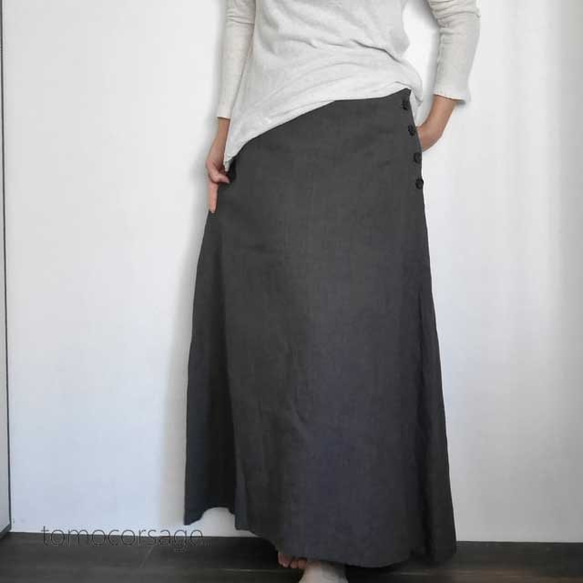 リトアニアリネン100％・ロングスカート履き込むほどくったり可愛いAラインブラウンネイビー 4枚目の画像
