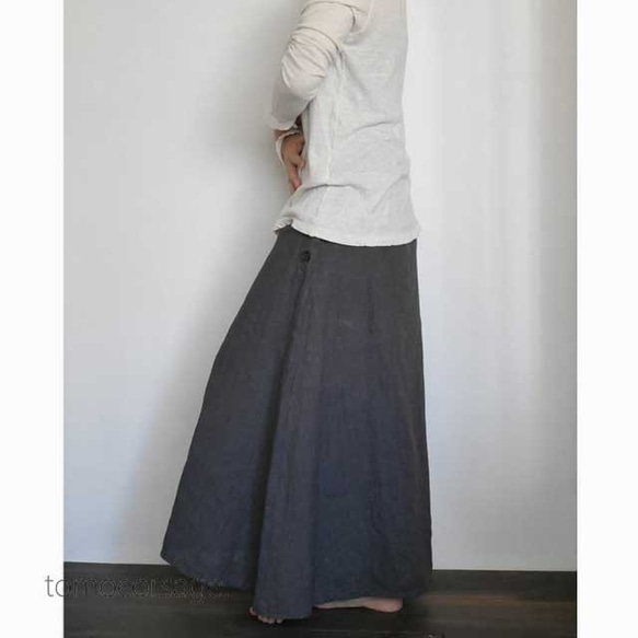 リトアニアリネン100％・ロングスカート履き込むほどくったり可愛いAラインブラウンネイビー 2枚目の画像