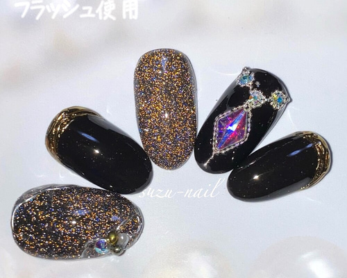 【オーダー】ネイルチップ　ストーン　リボン　ブラック ブラック ラメ ストーン ネイルチップ | みぃネイル's STORE