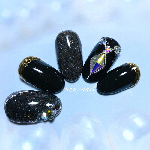 再販☆フラッシュネイル/ブラックネイル/ビッグストーン/nails