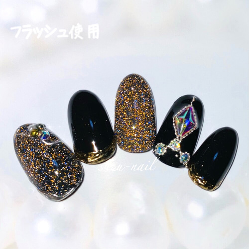 再販☆フラッシュネイル/ブラックネイル/ビッグストーン/nails
