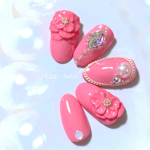 再販☆3dフラワー/ビッグストーン/ピンク/nails/最新ネイル/派手ネイル