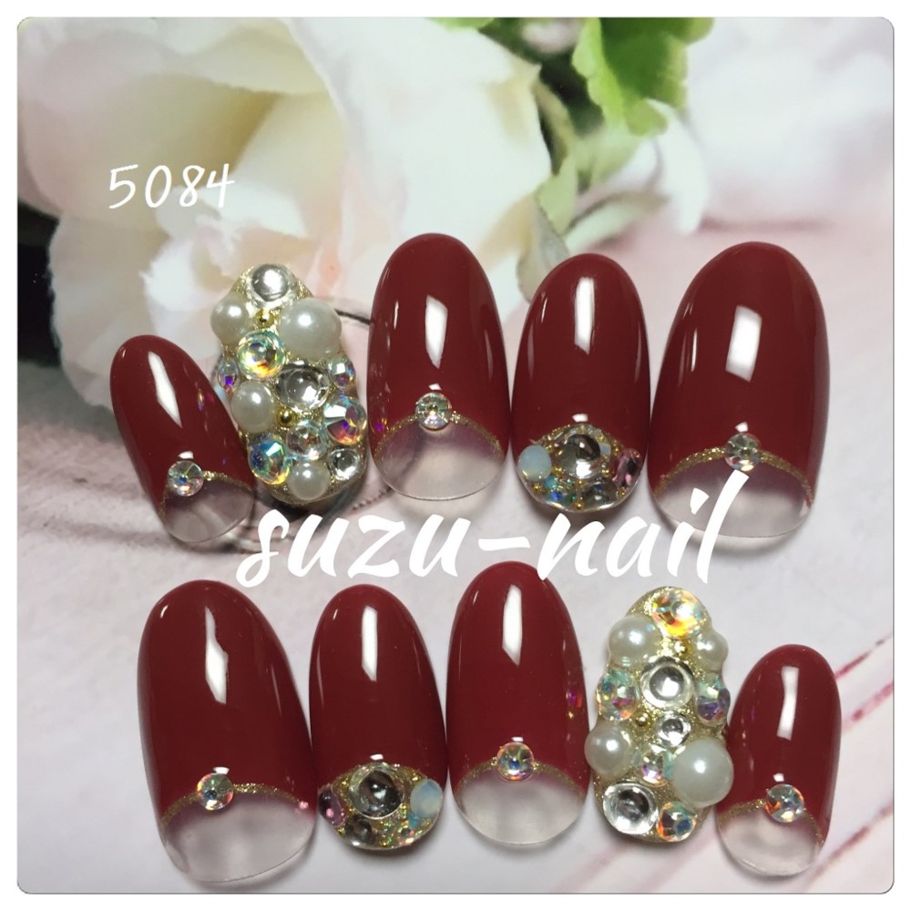 再販☆ボルドー/敷き詰めネイル/逆フレンチ ネイルチップ（つけ