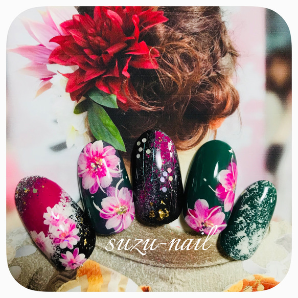 オーダー】 ☆180 ネイルチップ 成人式 前撮り 振袖 ニュアンス フラワー