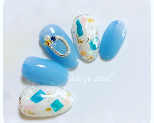 再販☆水色/ブルー/シェルネイル/夏/nails/金箔/キラキラネイル