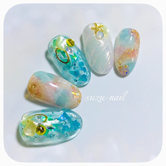 再販5☆巻貝ネイル/ブルーネイル/夏/nails/うねうねネイル/ユニコーンネイル/ニュアンスネイル/天然石ネイル 1枚目の画像