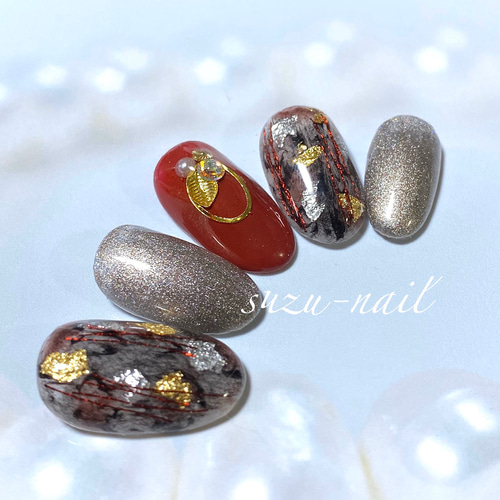 新作☆レオパードネイル/冬/秋/nails/ボルドー/金箔ネイル/リーフ  