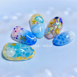 再販２☆水面ネイル/ネイル/ブルー/nails/ネイル/海ネイル/シェルネイル/夏 1枚目の画像