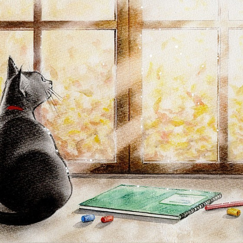 風景画 黒猫と庭のアート 原画 北欧アート『桜吹雪と黒猫』 おしゃれ モダンアート 現代