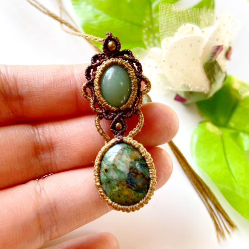 アズロマラカイト×アベンチュリンのシンプルなマクラメネックレス