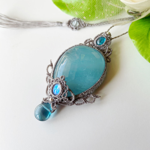 ☆アクアマリン　ブルートパーズ　レインボームーンストーンマクラメネックレス ☆アクアマリン ブルートパーズ レインボームーンストーン