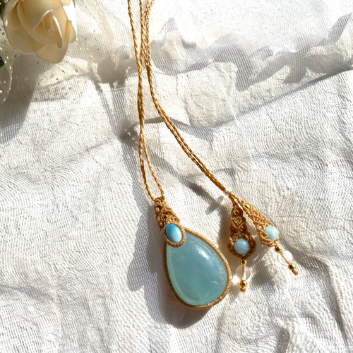 ☆海の宝石☆大きなルースのアクアマリン×ラリマーの【連結】マクラメ  