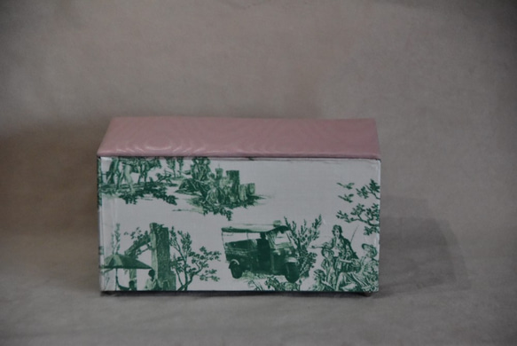 【カルトナージュ】バンコクで見つけた可愛い過ぎる生地で作ったマスクボックス　グリーン×ピンク 3枚目の画像