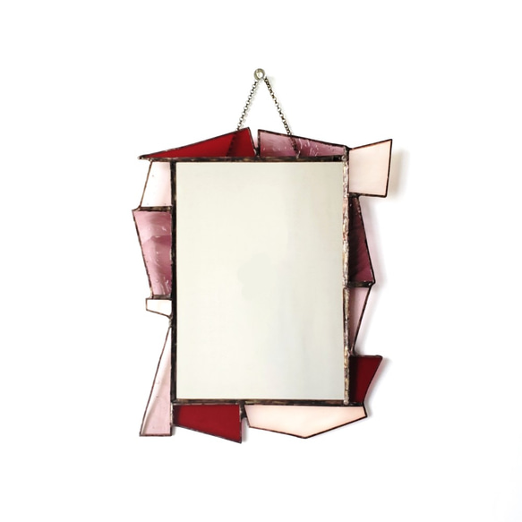 ステンドグラス　アンティーク調　壁掛けミラー/鏡(森のベリーレッド) 2枚目の画像