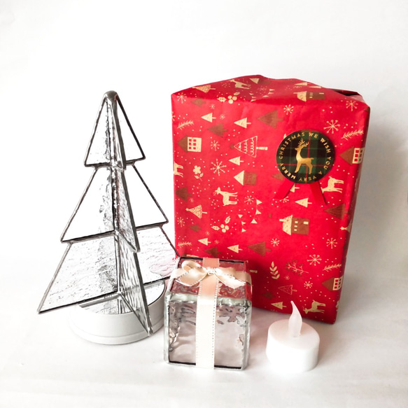 ステンドグラス　クリスマスツリー&プレゼントボックス各LEDライトセット　クリア　Creema限定クリスマス2021