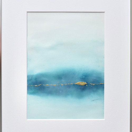 抽象風景画 青 黄色 シルバーフレーム DEEP WATER アート 抽象画 現代アート ゴールド ブルー 海 湖 水 青