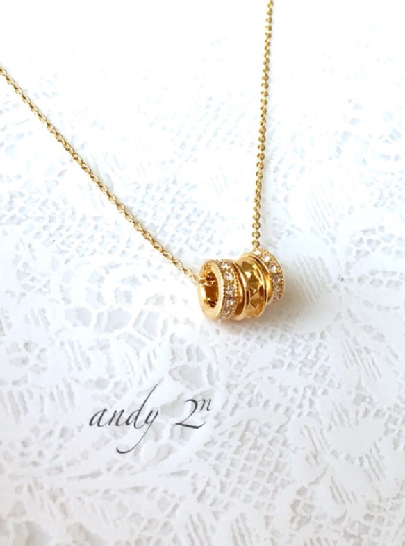 Double Zirconia Rondel Gold Necklace 3枚目の画像