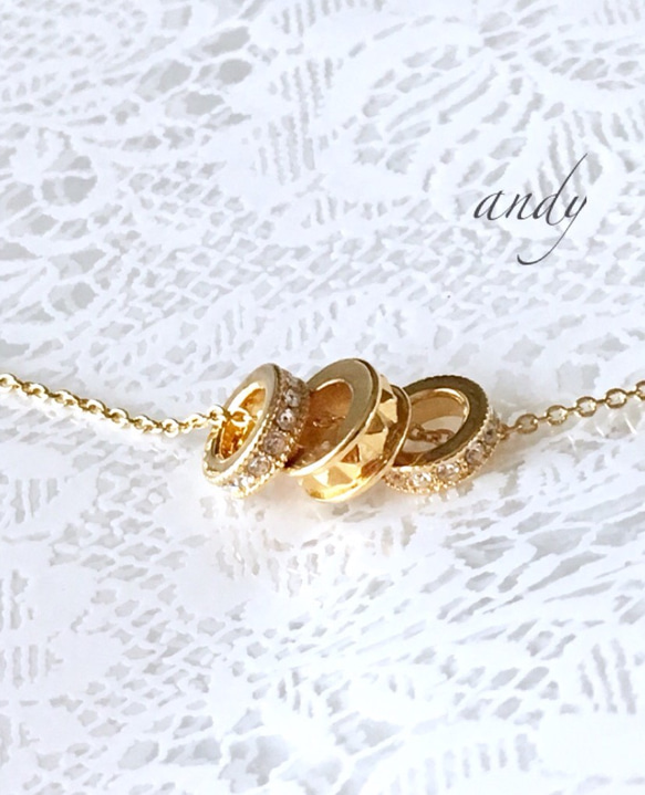 Double Zirconia Rondel Gold Necklace 4枚目の画像