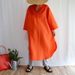 やわらかリネン オレンジ ロングスキッパー シャツドレス　 1枚目の画像