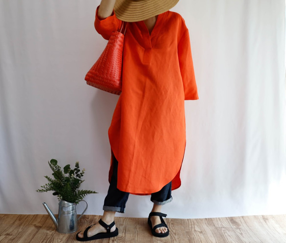 やわらかリネン オレンジ ロングスキッパー シャツドレス　 7枚目の画像