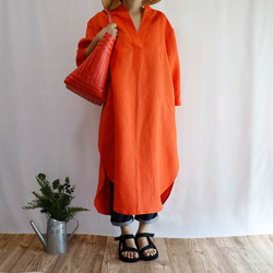やわらかリネン オレンジ ロングスキッパー シャツドレス　 9枚目の画像