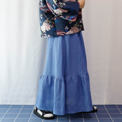 柔軟的亞麻藍色分層半身裙 超長 也適合層間協調 第6張的照片